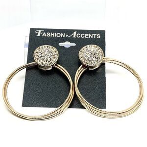 Gold Tone Crystal Disc Post with 3 Hoop Earrings 2.5 inch